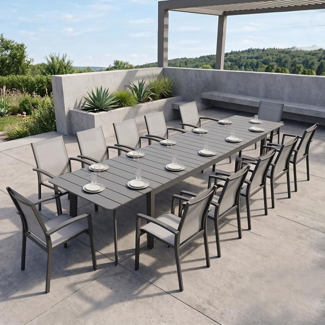 Siena Garden Velia Gartenmöbel-Set XXL (12 Plätze) mit OUTLIV. Tisch 266/331/396x110cm Anthrazit/Schwarz-Grau