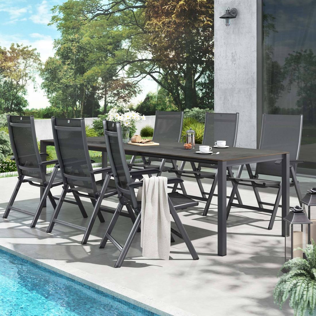 Kettler Basic Plus Gartenmöbel-Set L (6 Plätze) Tisch 160/267x91cm Anthrazit/Zement
