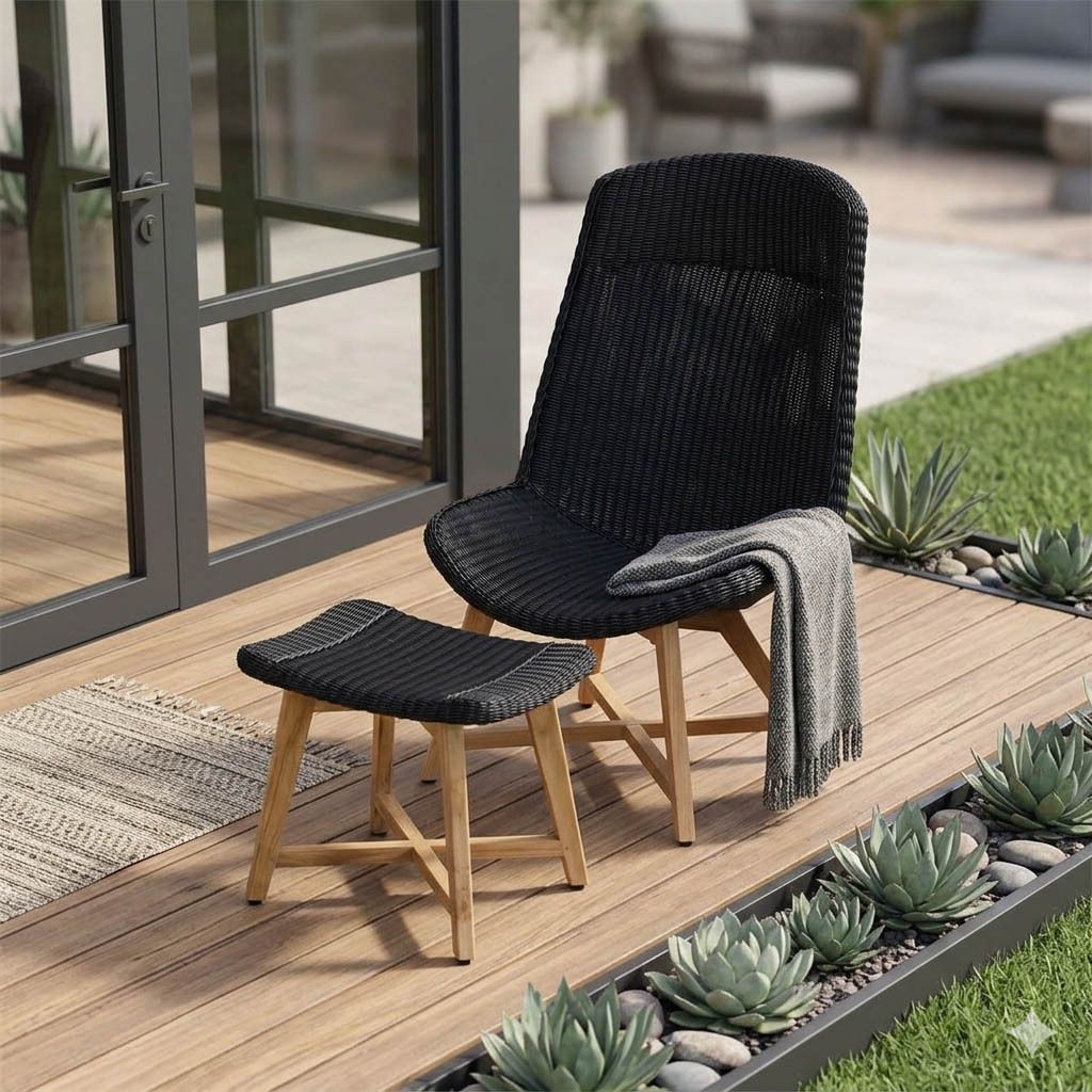 OUTLIV. Clovelly Loungesessel inkl. Hocker Teak/Polyrattan Natur/Schwarz