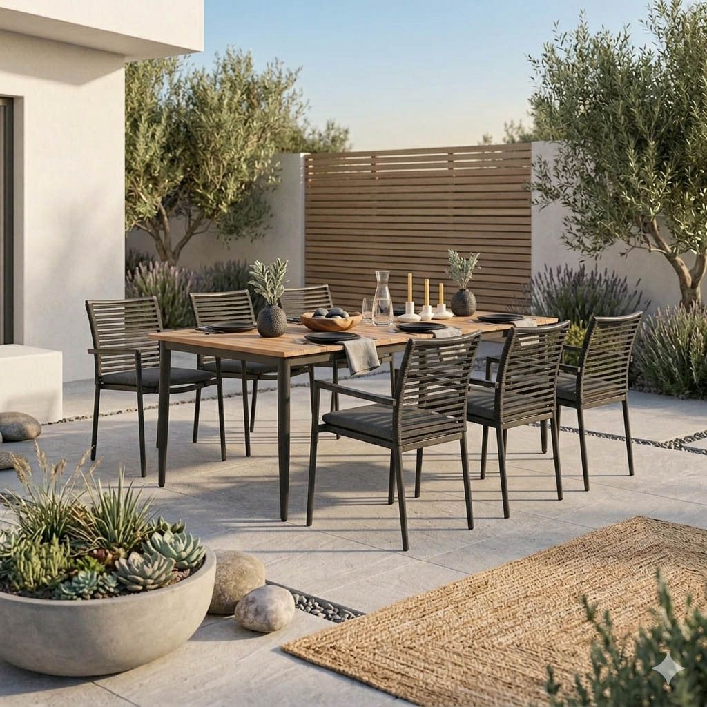 Gartenmöbel Set Für 6 Personen – Aluminiumgestell, 6 Stapelstühle Mit Holzmaserung, 150 Cm PS-Tisch, Wetterfest, Für Balkon & Terrasse, Dunkelgrau