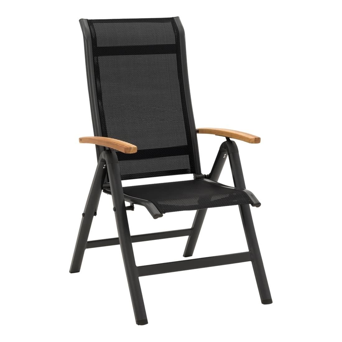 DEGAMO Klappsessel Jakarta – 2er Set Mit Armlehnen, Gestell Aus Flachstahl Schwarz, Sitzfläche Aus Geöltem Teakholz, FSC-zertifiziert, Für Garten & Terrasse