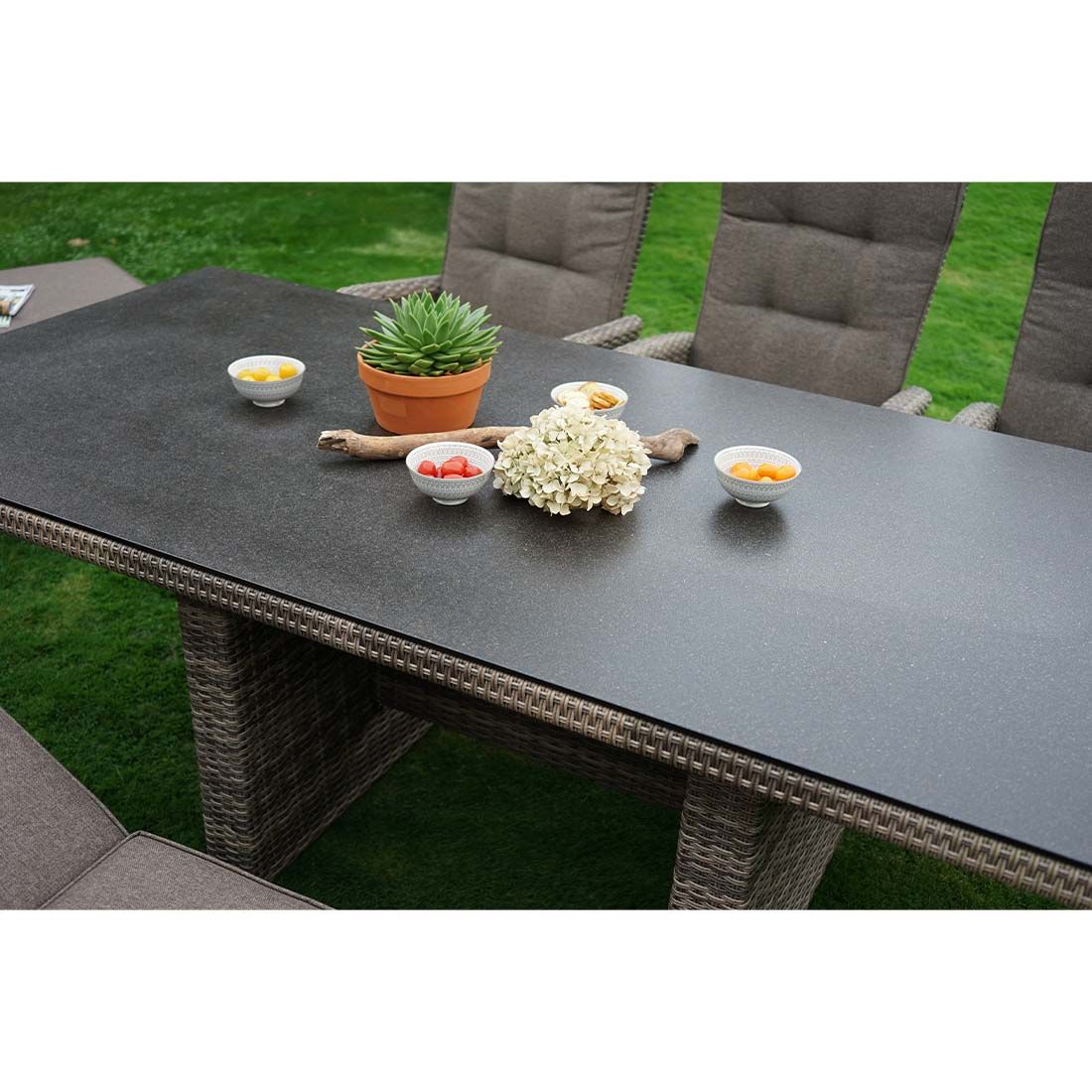 Ploß Nizza Gartentisch 220x100cm Geflecht/Glas Natur-Beige-Braun-Meliert/Steinoptik