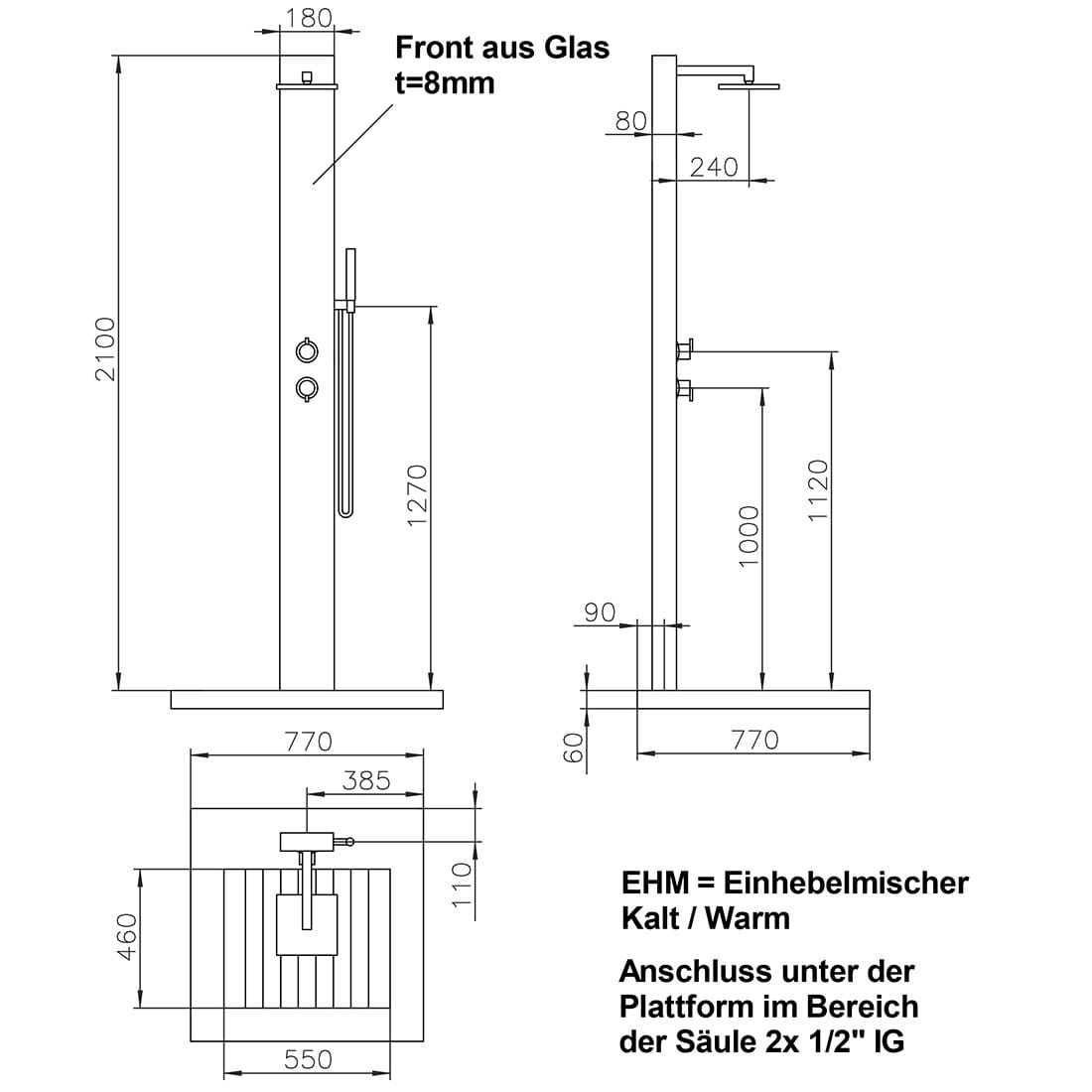 Ideal Tobago Gartendusche Warmwasser Edelstahl/WPC/Glas