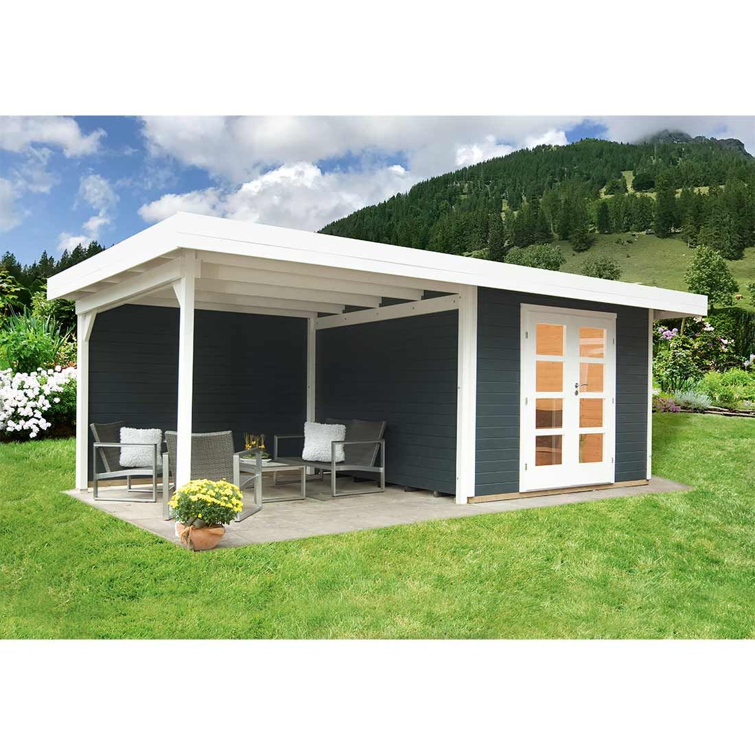 Wolff Finnhaus Relax Lounge B Gartenhaus mit Anbau und Rückwand 300 cm