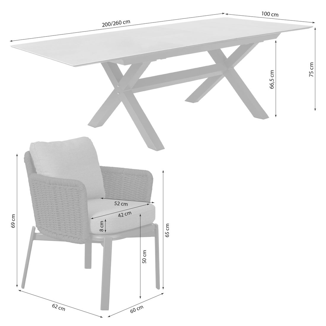 LC Garden Catalina Gartenmöbel-Set M (4 Plätze) Tisch 200/260x100cm