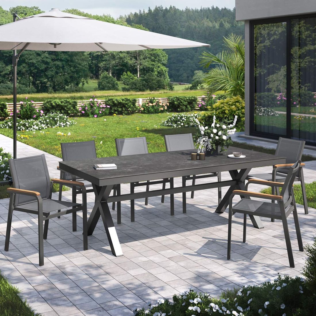 OUTLIV. Florenz Gartenmöbel-Set L (6 Plätze) Tisch 220x100cm X-Form