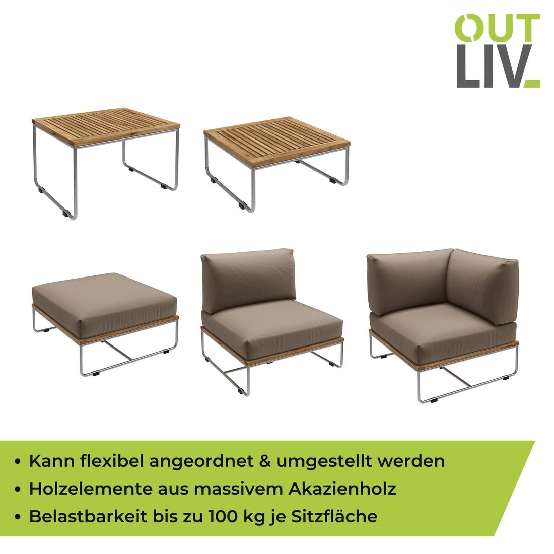 OUTLIV. Samba Ecklounge 6-teilig Edelstahl/Akazie inklusive Kissen