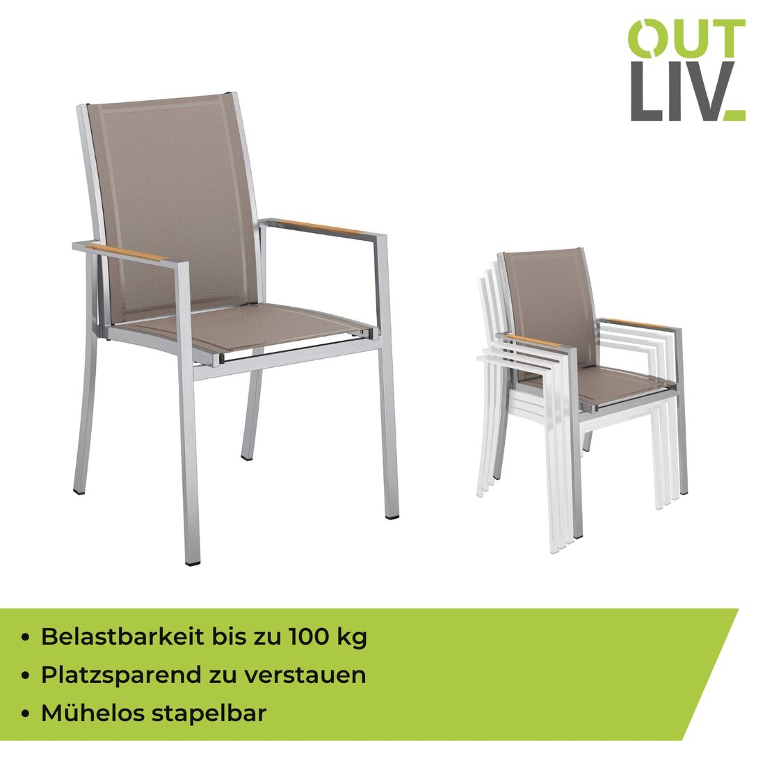 OUTLIV. Oviedo Stapelsessel Edelstahl/Textilene mit Teakarmlehnen