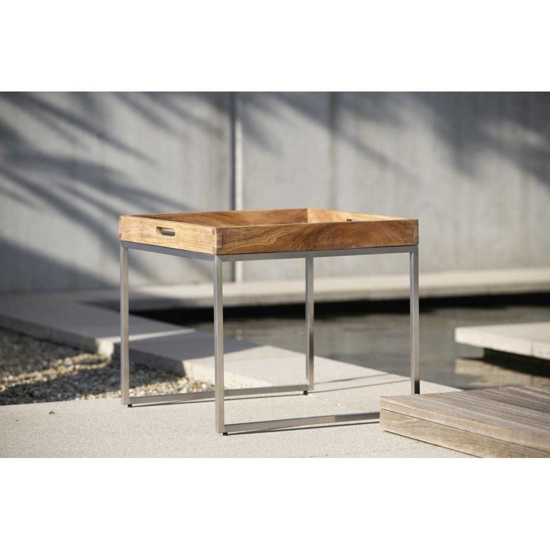 Stern Tabletttisch 50x50cm Edelstahl/Teak-Tablett