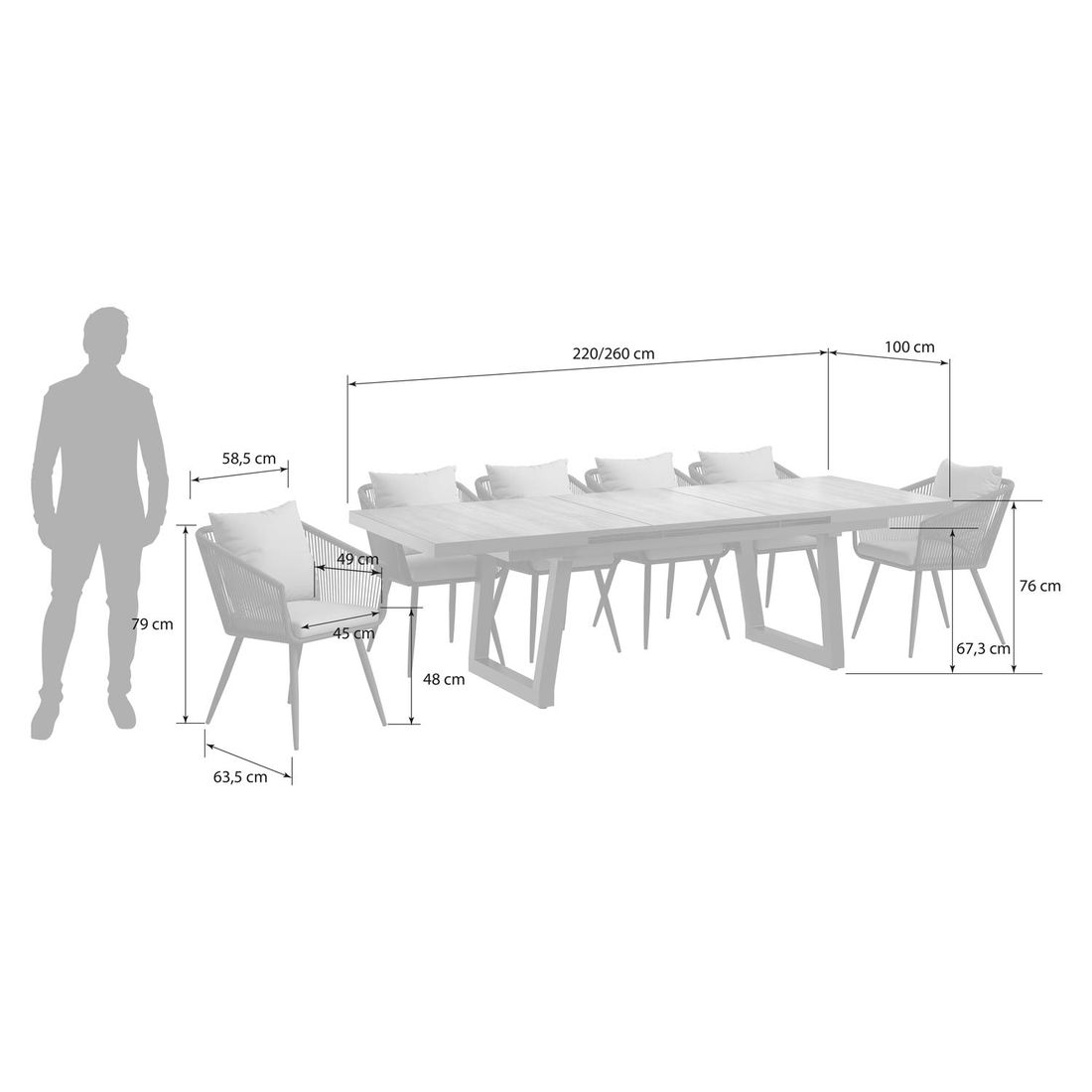 OUTLIV. Alex Gartenmöbel-Set L (6 Plätze) Tisch 200/260x100cm Kufe