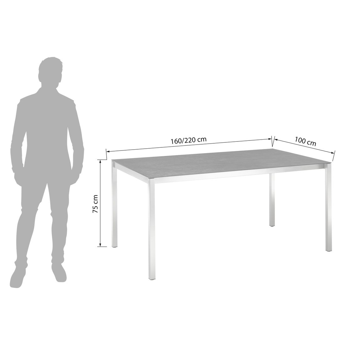 OUTLIV. Kreta Ausziehtisch 160/220x100cm Edelstahl/Dekton