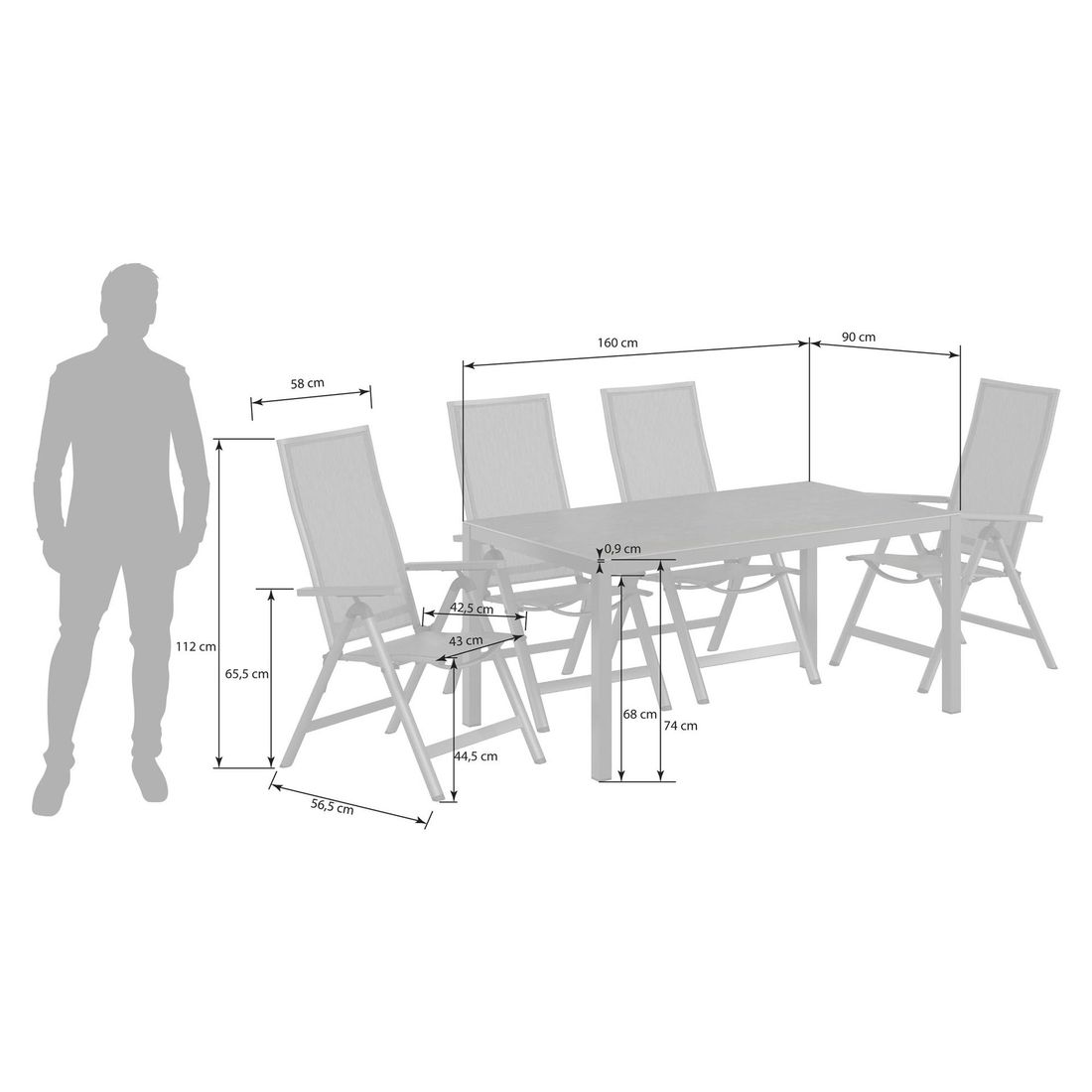 OUTLIV. Jacob Gartenmöbel-Set M verstellbar (4 Plätze) Tisch 160x90cm