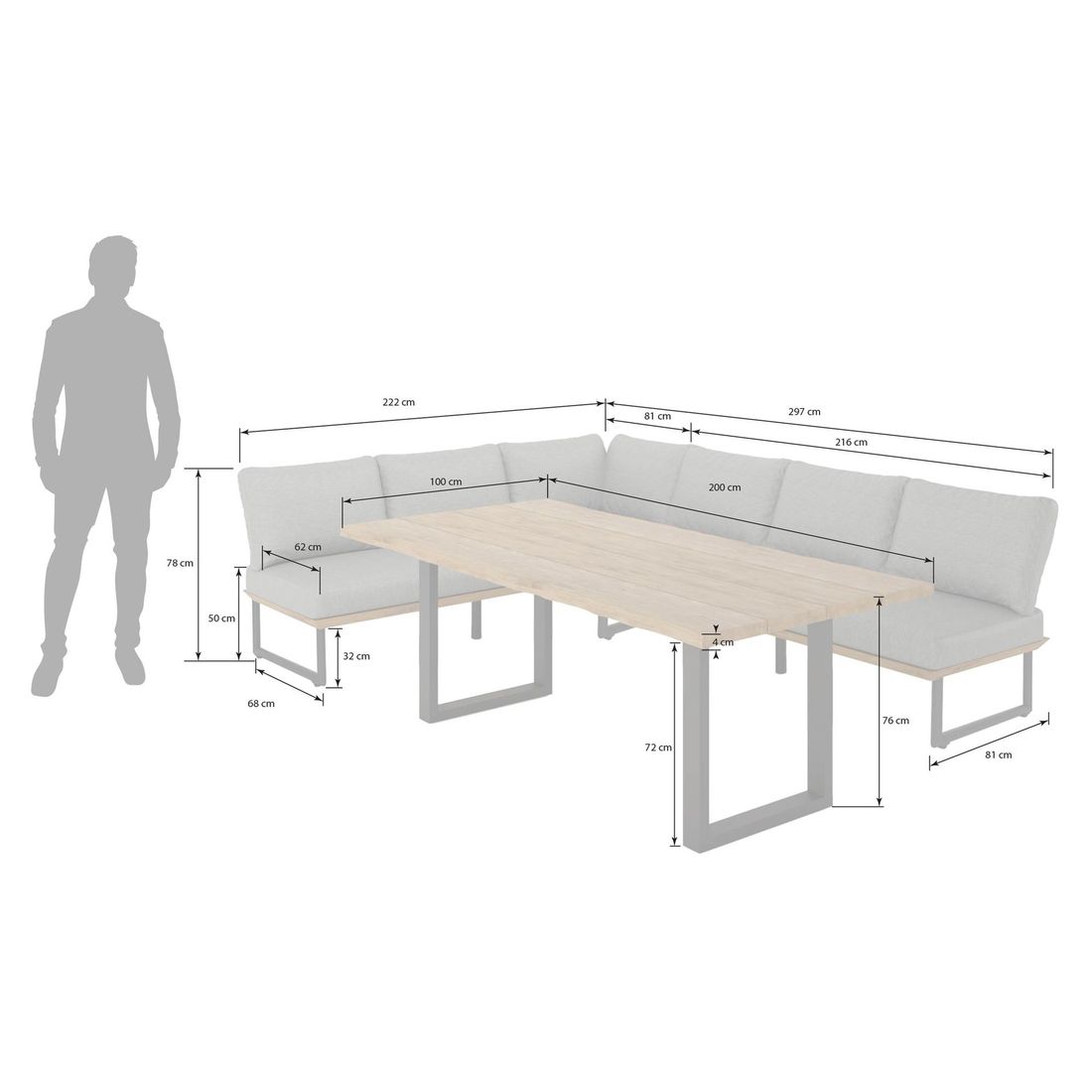 OUTLIV. Alkas Dininglounge Tisch 200x100cm Teak/Sunproof U-Beine