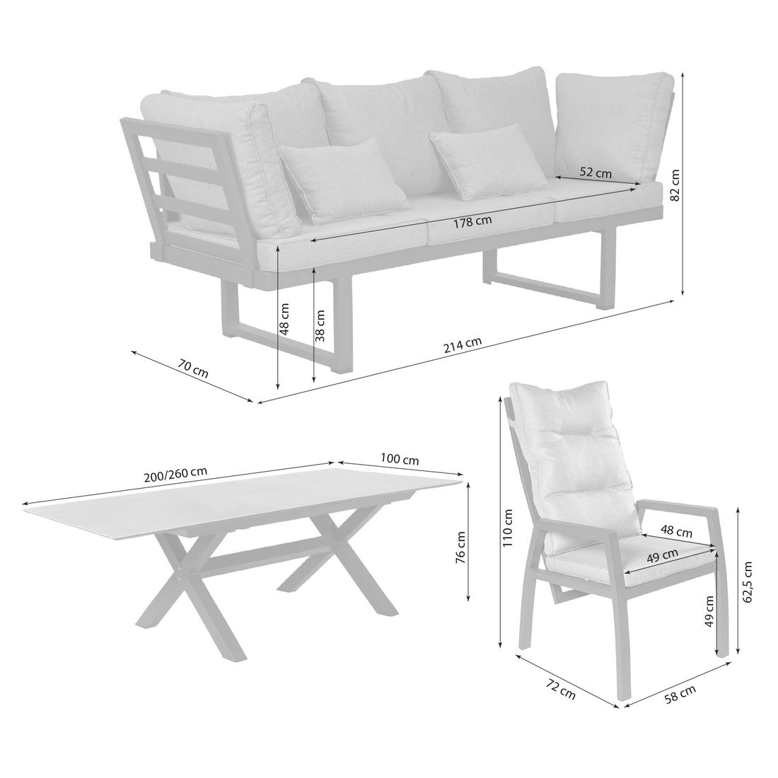 LC Garden Bondino Gartenmöbel-Set L verstellbar (6 Plätze) Tisch 200/260x100cm