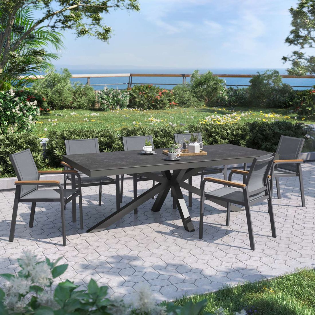 OUTLIV. Florenz Gartenmöbel-Set L (6 Plätze) Tisch 220x100cm X-Form