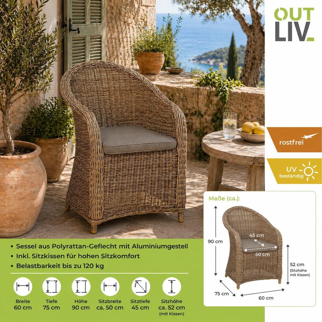 OUTLIV. Coventry Gartensessel Geflecht mit Sitzkissen