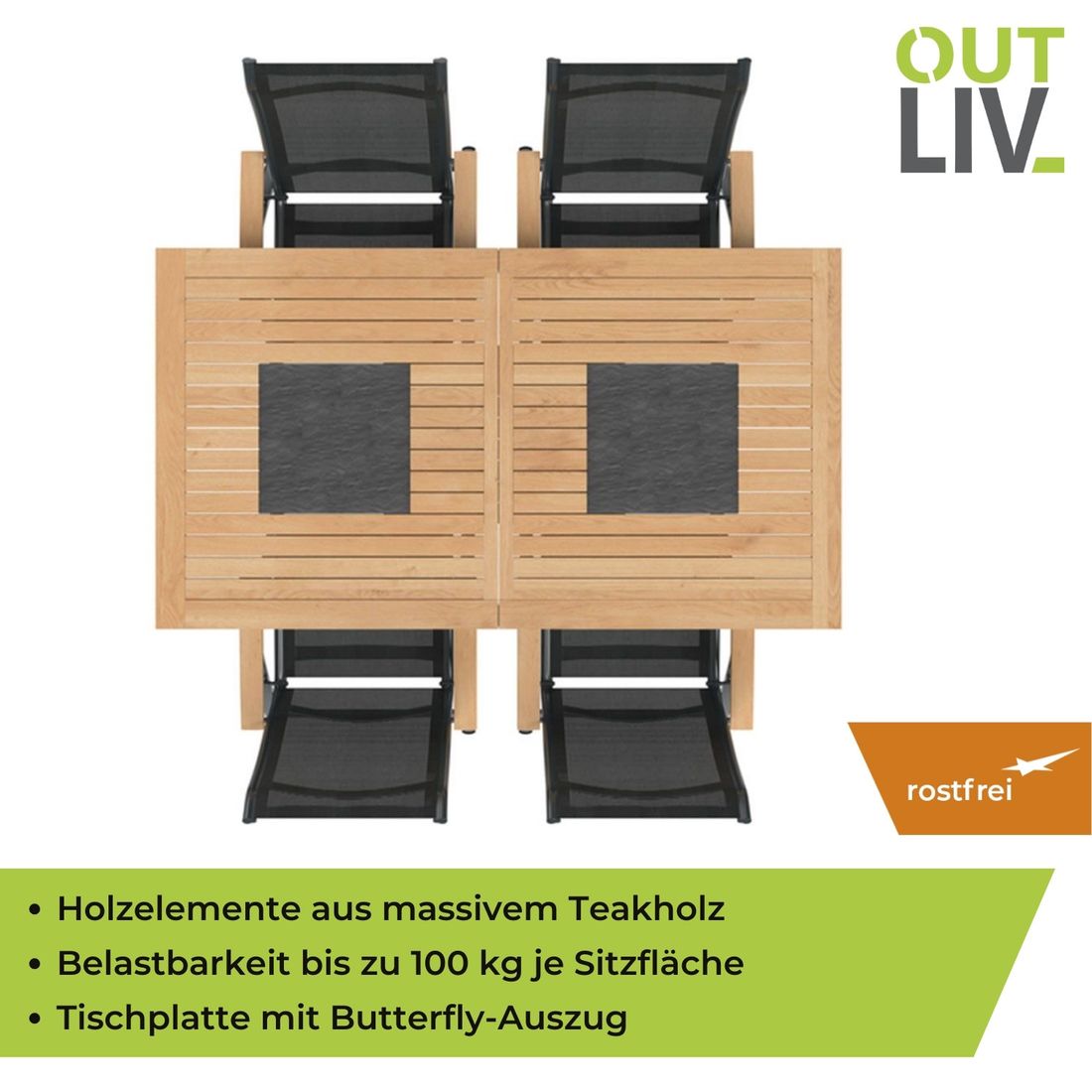 OUTLIV. Alpha Gartenmöbel-Set M (4 Plätze) Tisch 180/240x100cm