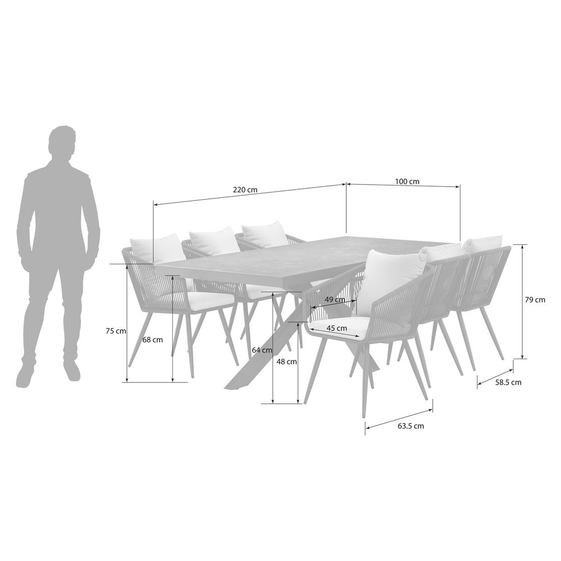 OUTLIV. Alex Gartenmöbel-Set 7-tlg. Tisch 220x100cm X-Form
