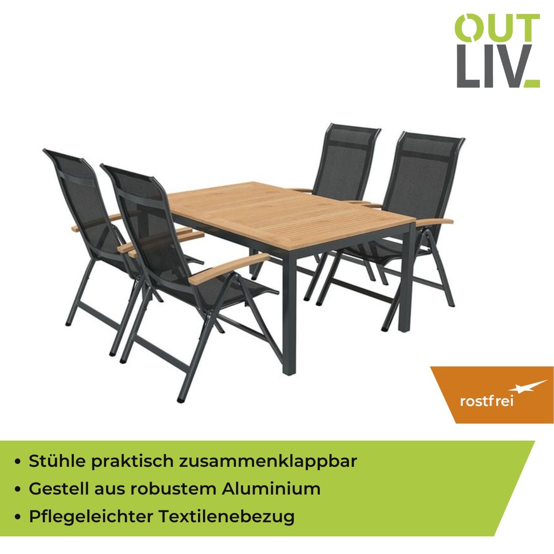 OUTLIV. Alpha Gartenmöbel-Set M verstellbar (4 Plätze) Tisch 150/210x90cm