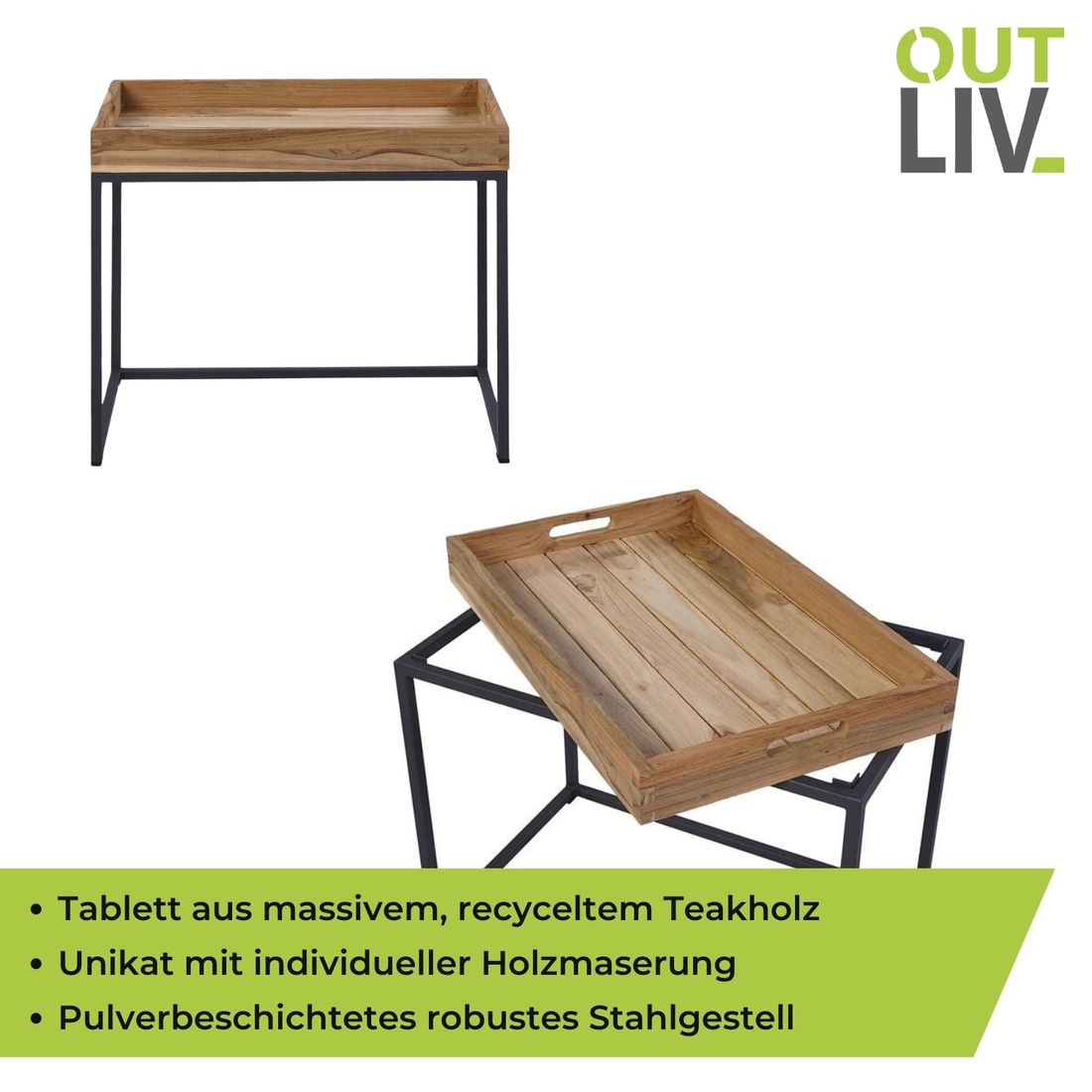 OUTLIV. Tray Beistelltisch 53x35cm Stahl/Teak Recycelt
