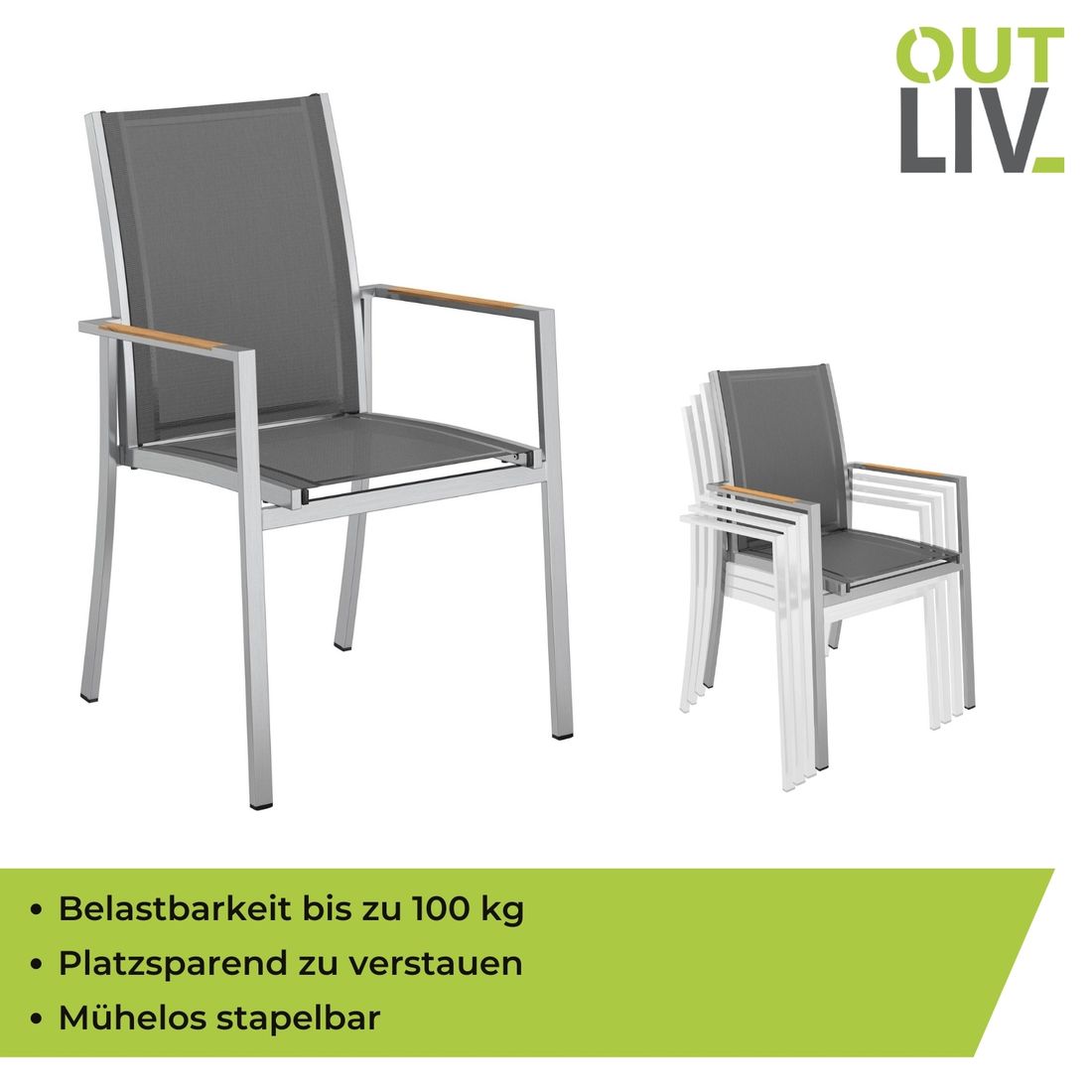 OUTLIV. Oviedo Stapelsessel Edelstahl/Textilene mit Teakarmlehnen