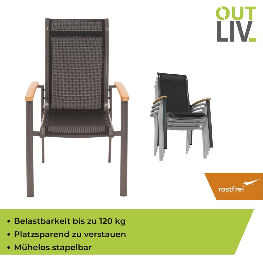 OUTLIV. Alpha Stapelsessel Aluminium/Textilene Teakarmlehnen