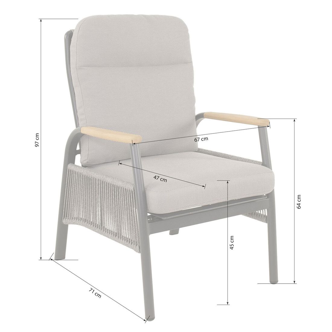 OUTLIV. Valencia Gartensessel Aluminium/Rope mit Sitz- und Rückenkissen