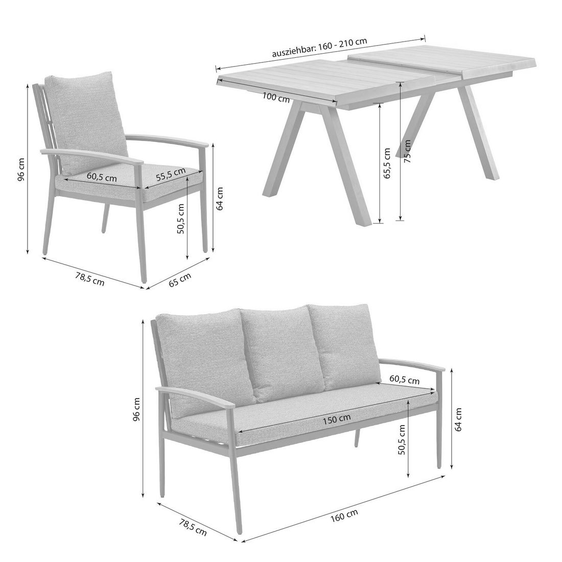 LC Garden Avento Gartenmöbel-Set L (6 Plätze) Tisch 160/210x100cm