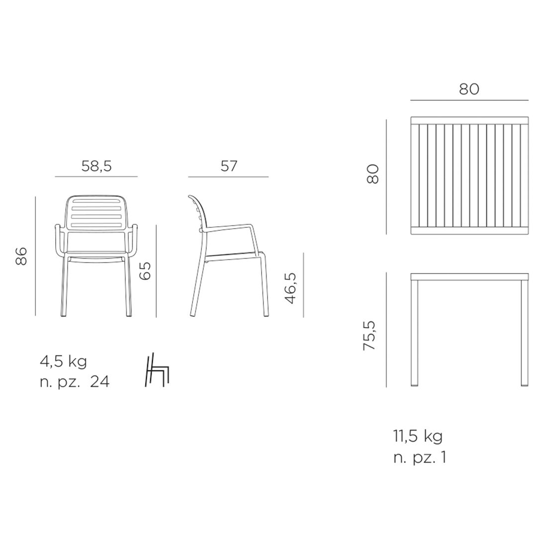 Nardi Costa Gartenmöbel-Set S (2 Plätze) Tisch 80x80cm
