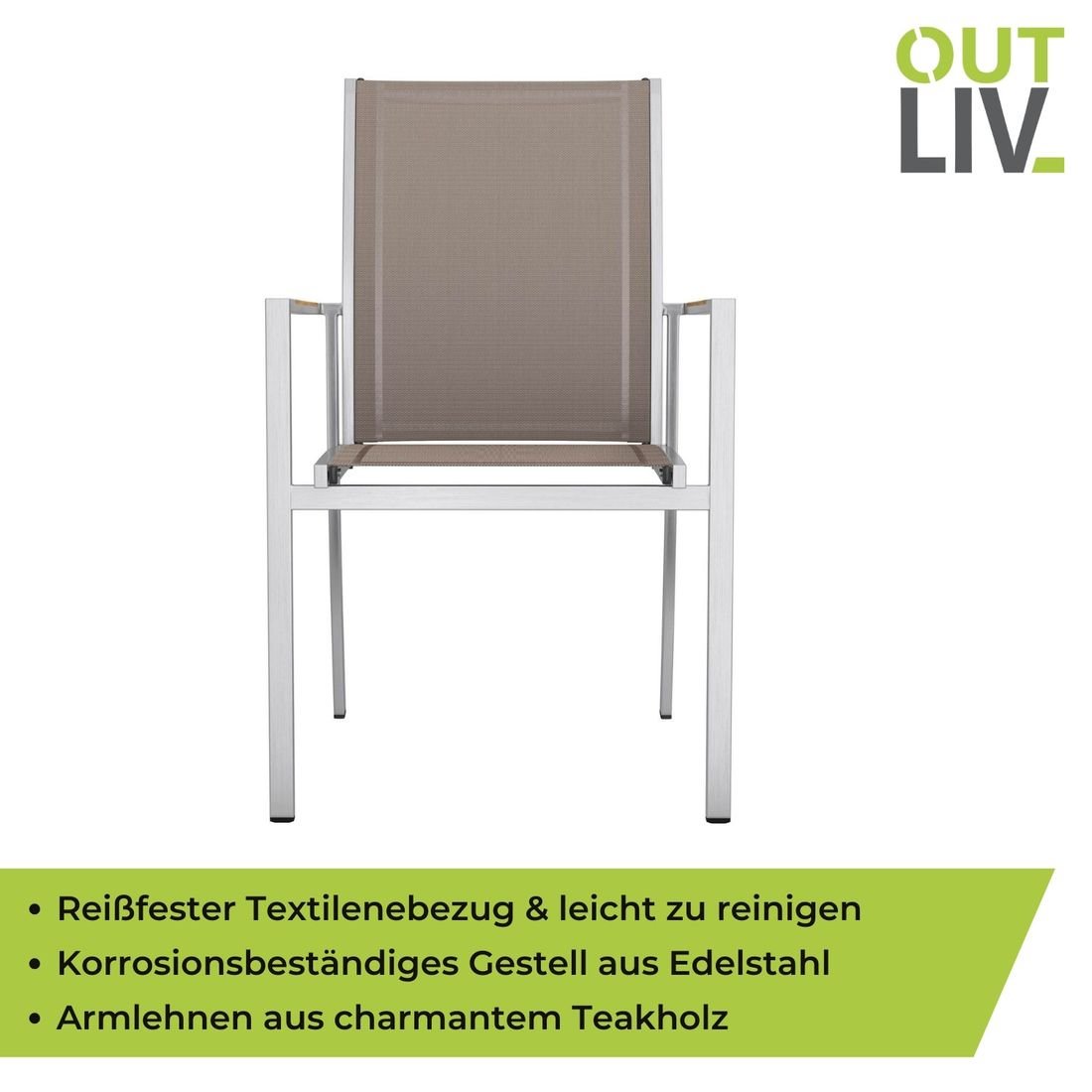 OUTLIV. Oviedo Stapelsessel Edelstahl/Textilene mit Teakarmlehnen