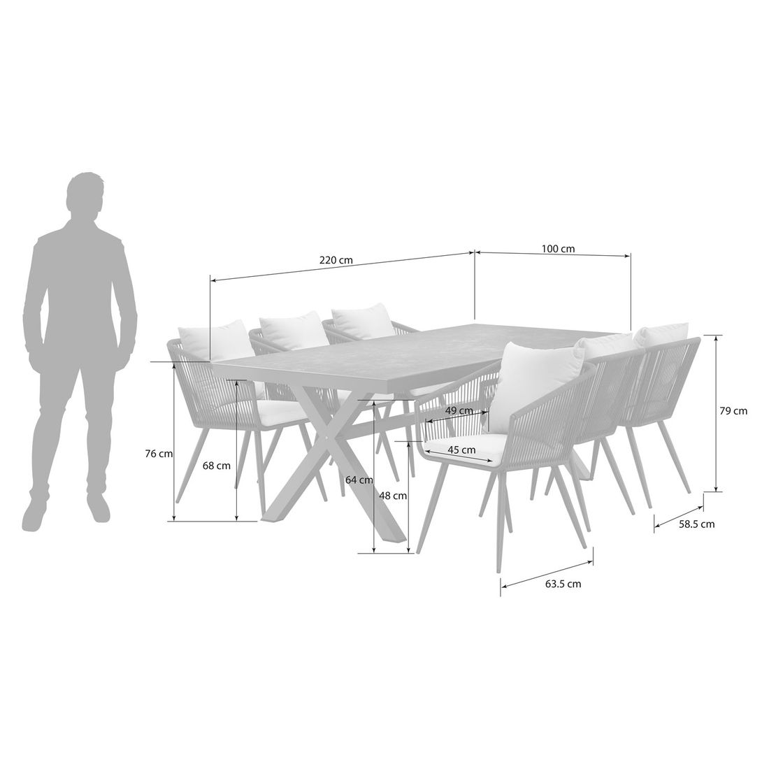 OUTLIV. Alex Gartenmöbel-Set L (6 Plätze) Tisch 220x100cm X-Form