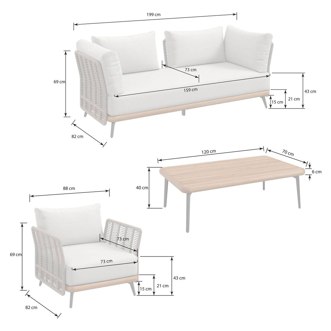 OUTLIV. Ava Loungeset inkl. Loungetisch Akazie/Rope/Polyester
