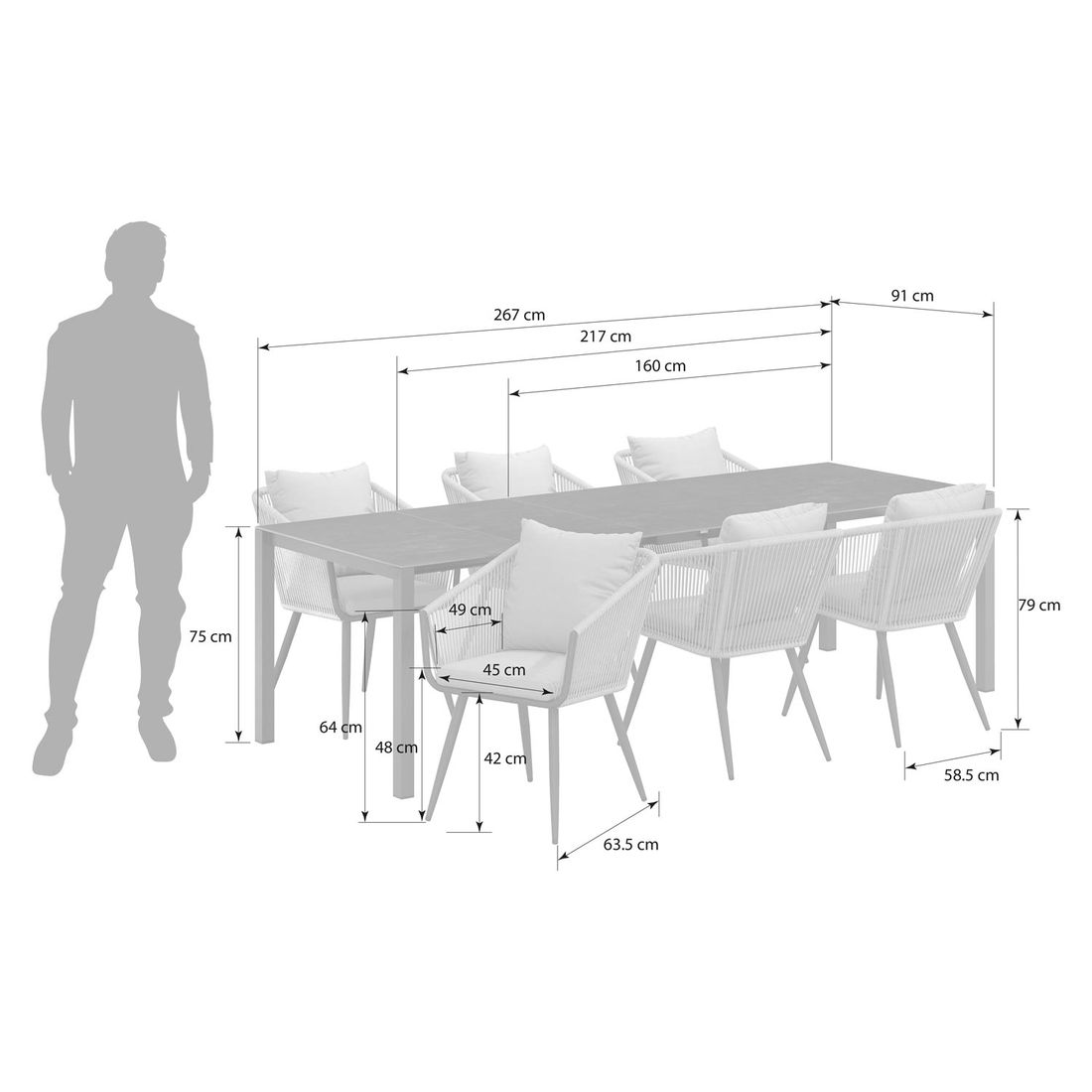 OUTLIV. Alex Gartenmöbel-Set 7-tlg. Tisch 160/217/267x91cm