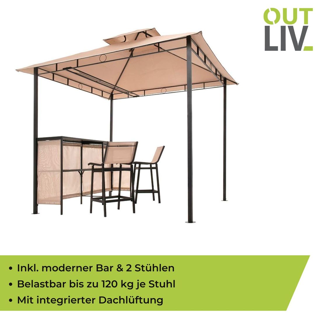 OUTLIV. Gartenpavillon mit Bar & 2 Stühlen
