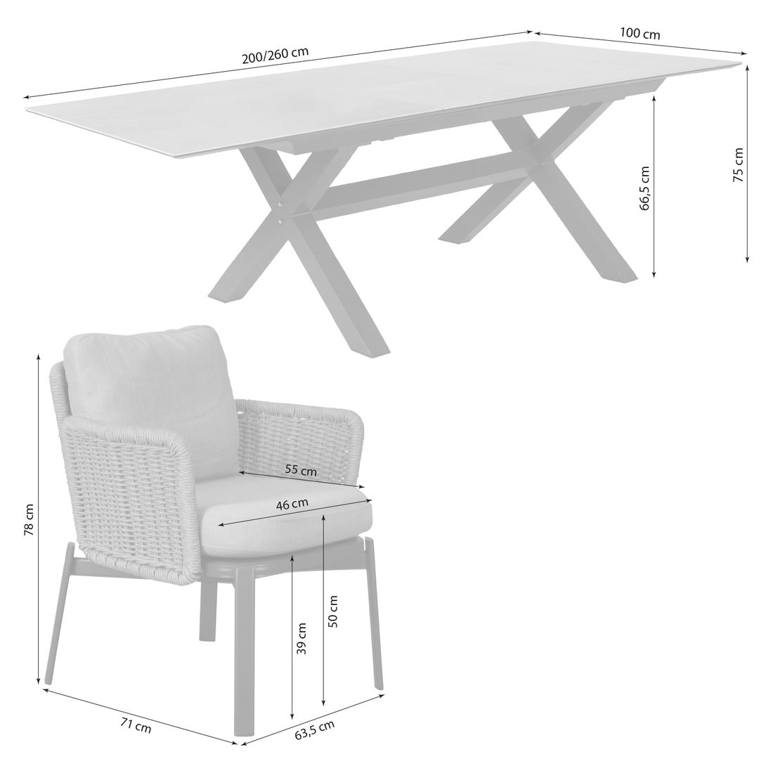 LC Garden Bari II Gartenmöbel-Set M (4 Plätze) Tisch 200/260x100cm