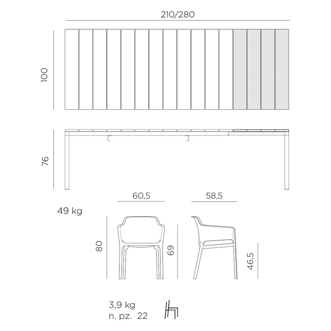Nardi Net Gartenmöbel-Set 11-tlg. Tisch 210/280x100cm