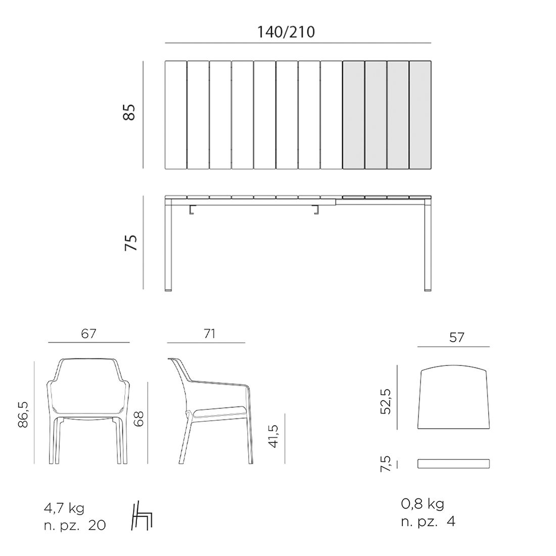 Nardi Net Gartenmöbel-Set 7-tlg. Tisch 140/210x85cm