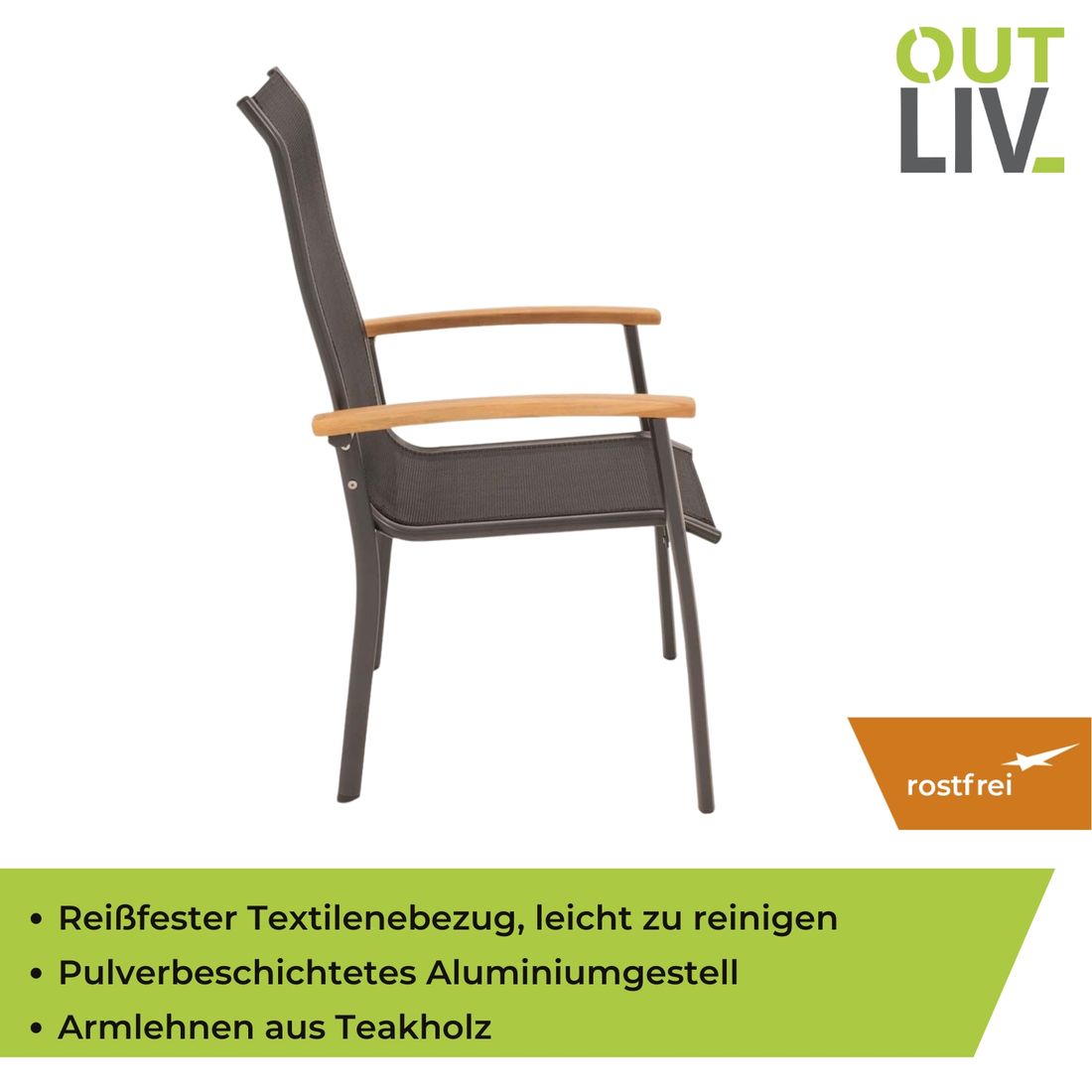 OUTLIV. Alpha Stapelsessel Aluminium/Textilene Teakarmlehnen