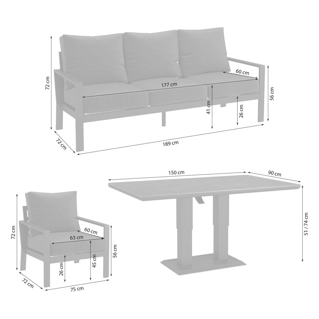 OUTLIV. Atlanta Low Dining Loungeset inkl. Lifttisch Aluminium/Olefin