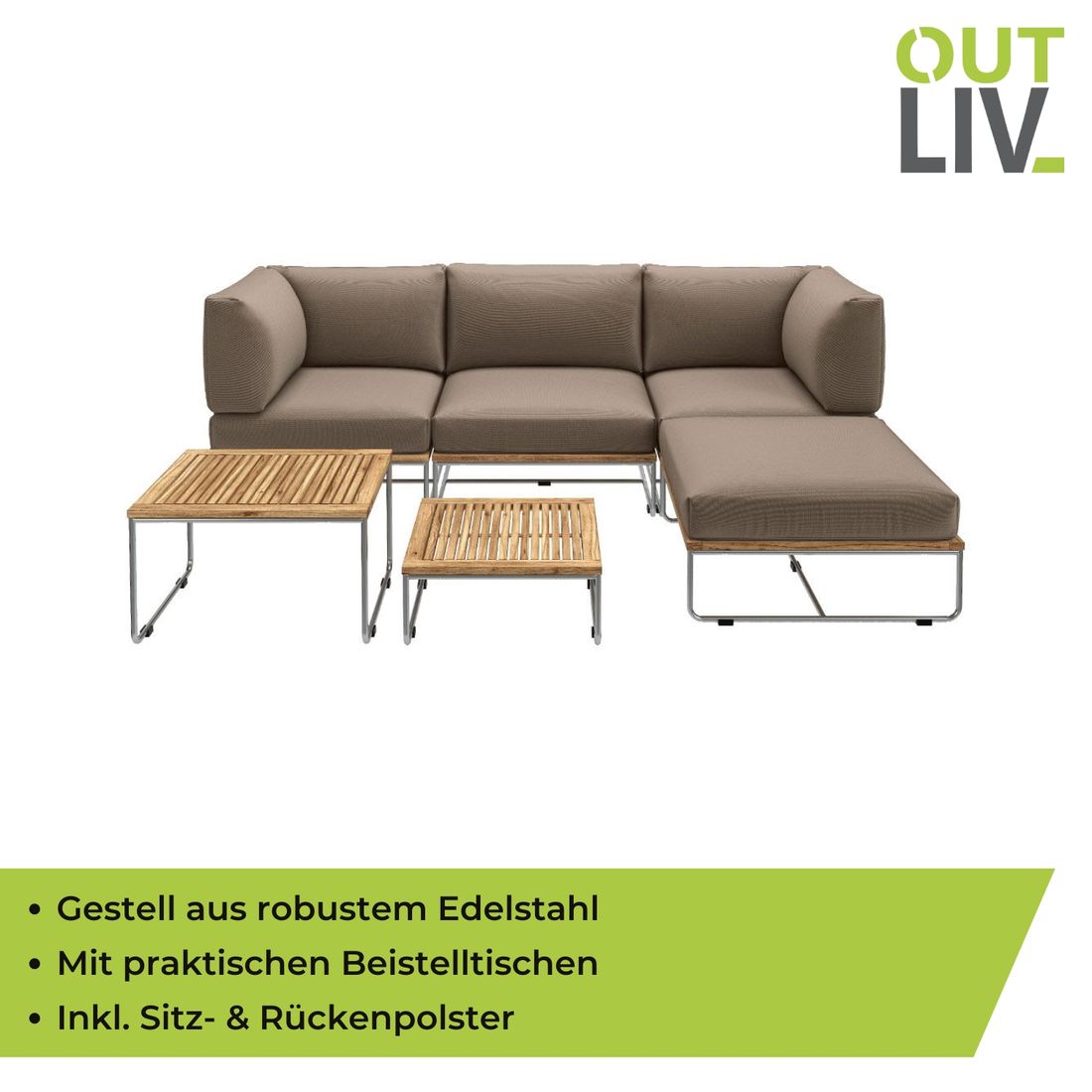 OUTLIV. Samba Ecklounge 6-teilig Edelstahl/Akazie inklusive Kissen
