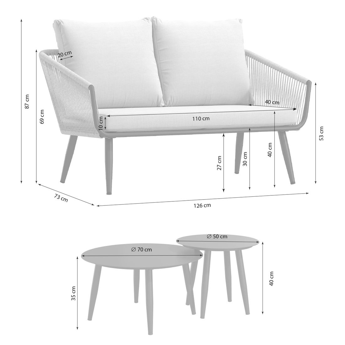 OUTLIV. Alex Loungeset inkl. Loungetische Aluminium/Rope/Olefin