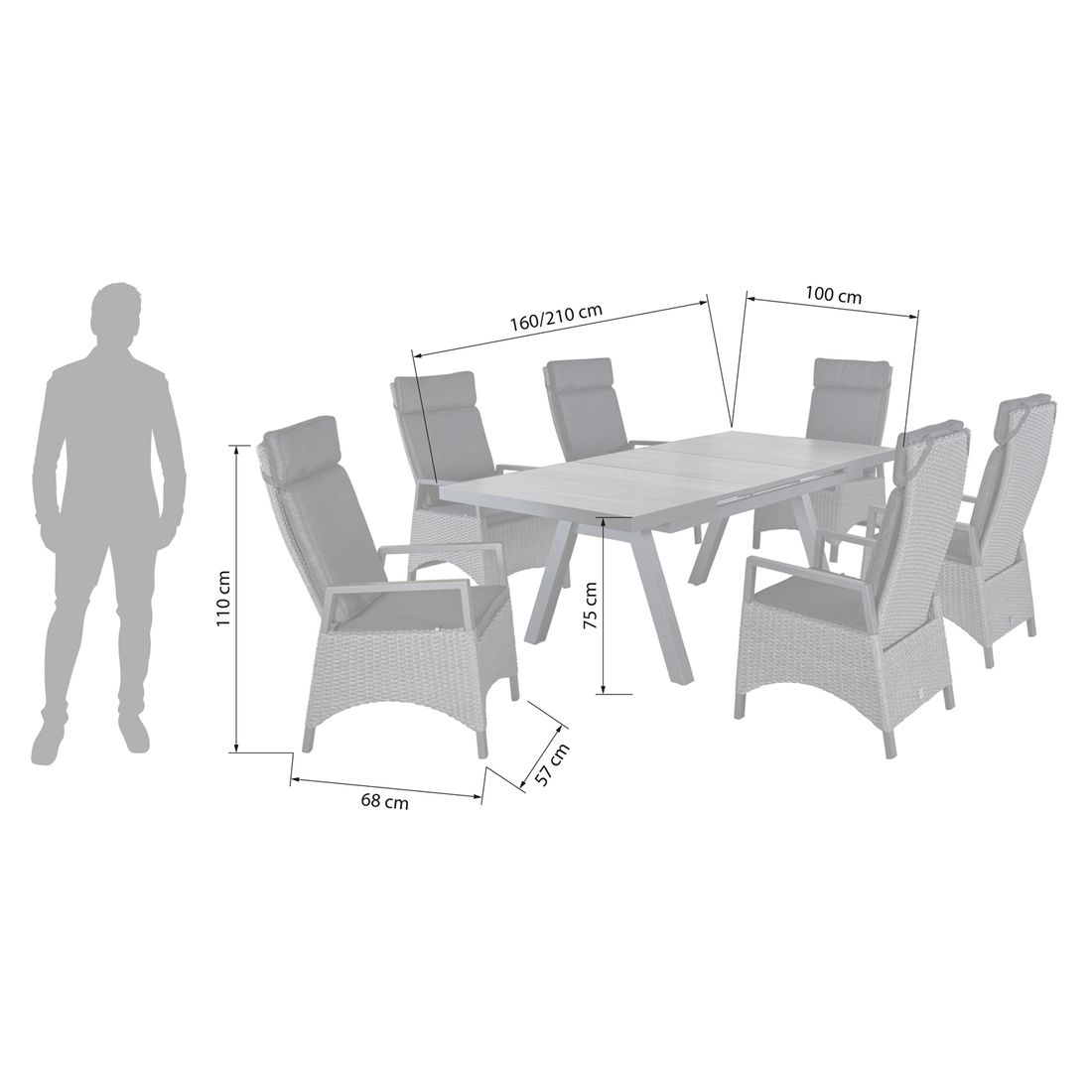 LC Garden Keramo Gartenmöbel-Set L verstellbar 6 (Plätze) Tisch 160/210x100cm
