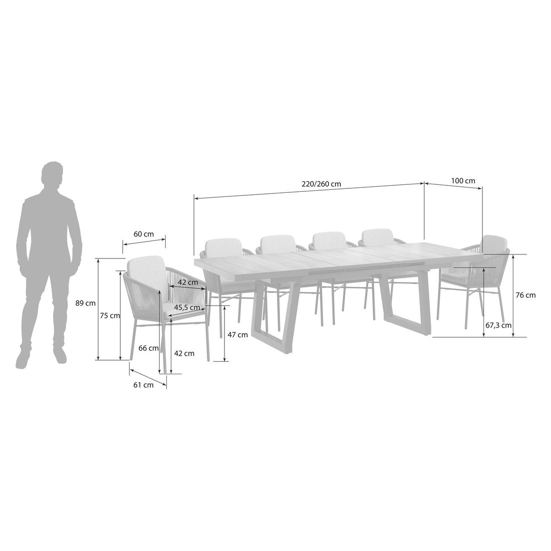 OUTLIV. Ohio Gartenmöbel-Set L (6 Plätze) Tisch 200/260x100cm