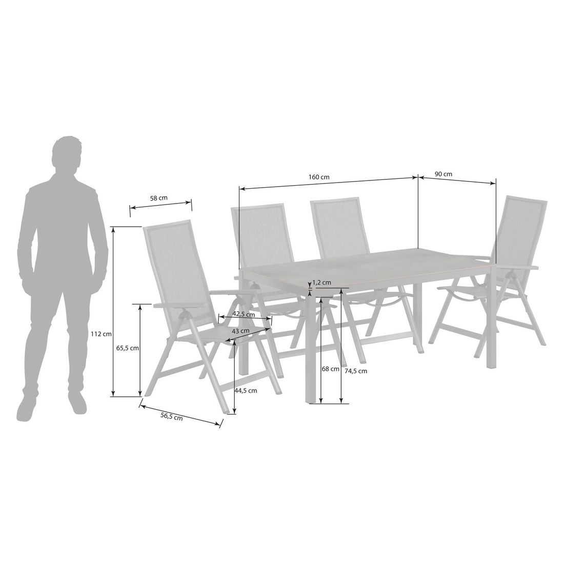 OUTLIV. Jacob Gartenmöbel-Set M verstellbar (4 Plätze) Tisch 160x90cm