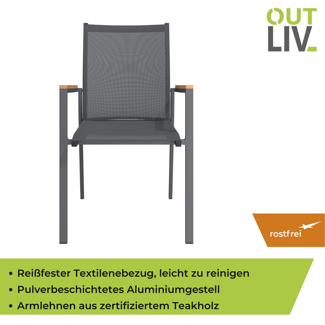 OUTLIV. Kobe Stapelsessel Aluminium/Textilene mit Teakarmlehnen