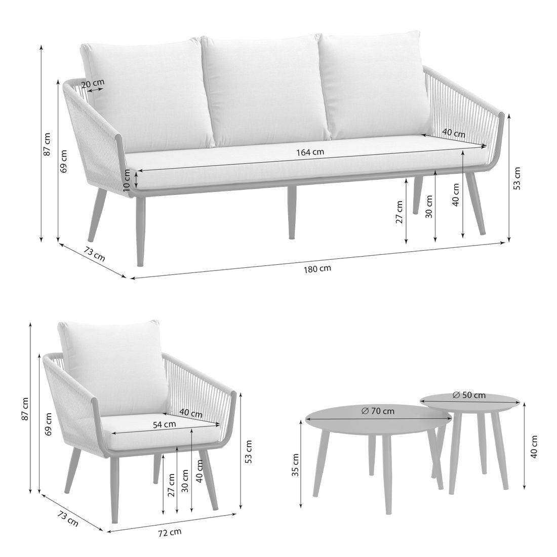 OUTLIV. Alex Loungeset inkl. Loungetische Aluminium/Rope/Olefin