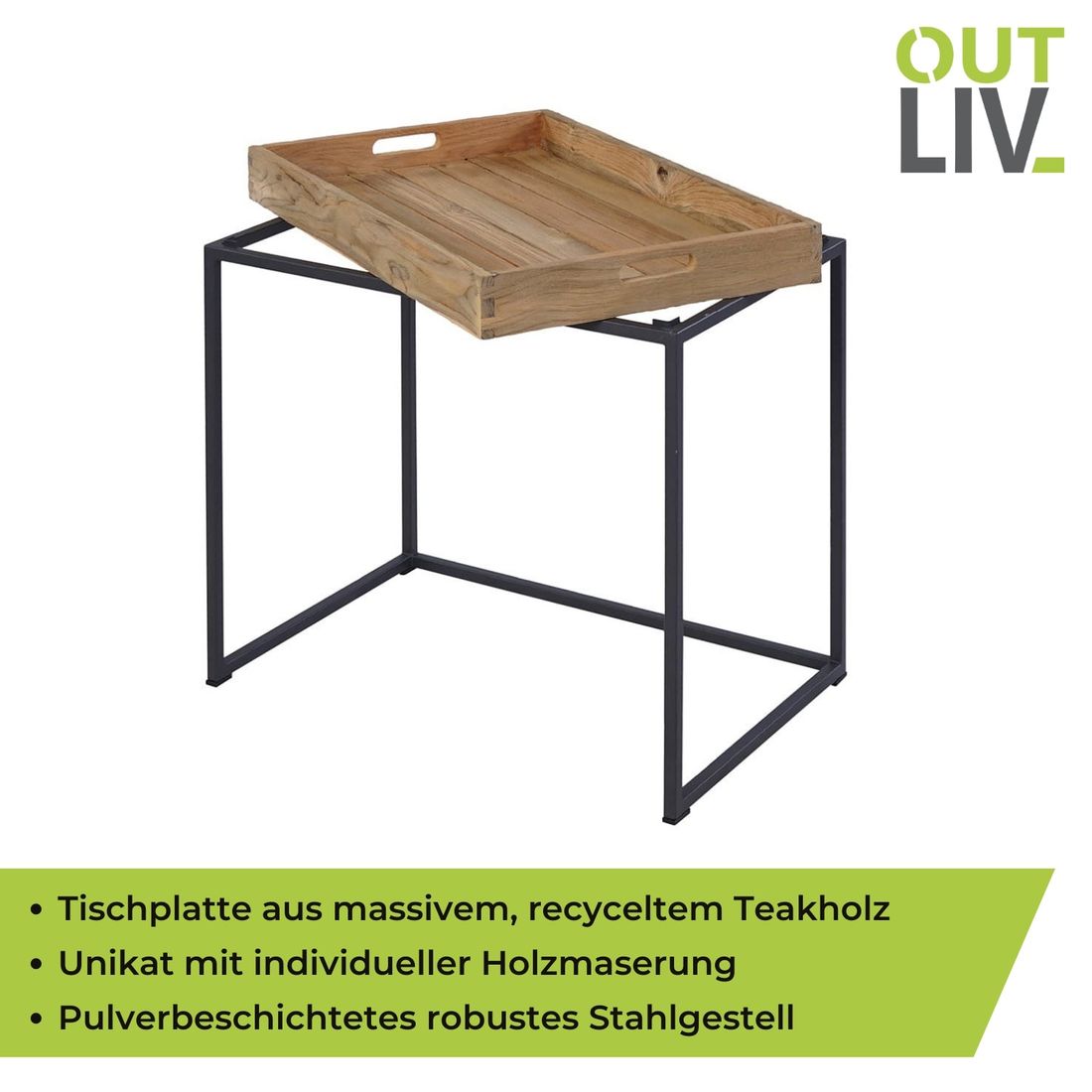 OUTLIV. Tray Beistelltisch 60x40cm Stahl/Teak Recycelt