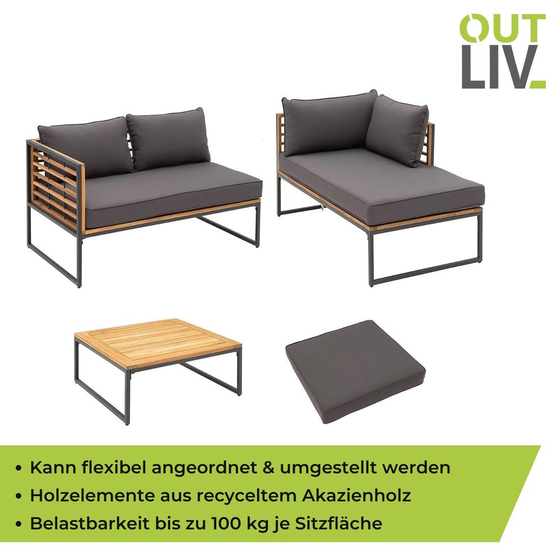 OUTLIV. Floris Ecklounge inkl. Loungetisch Stahl/Akazie/Polyester