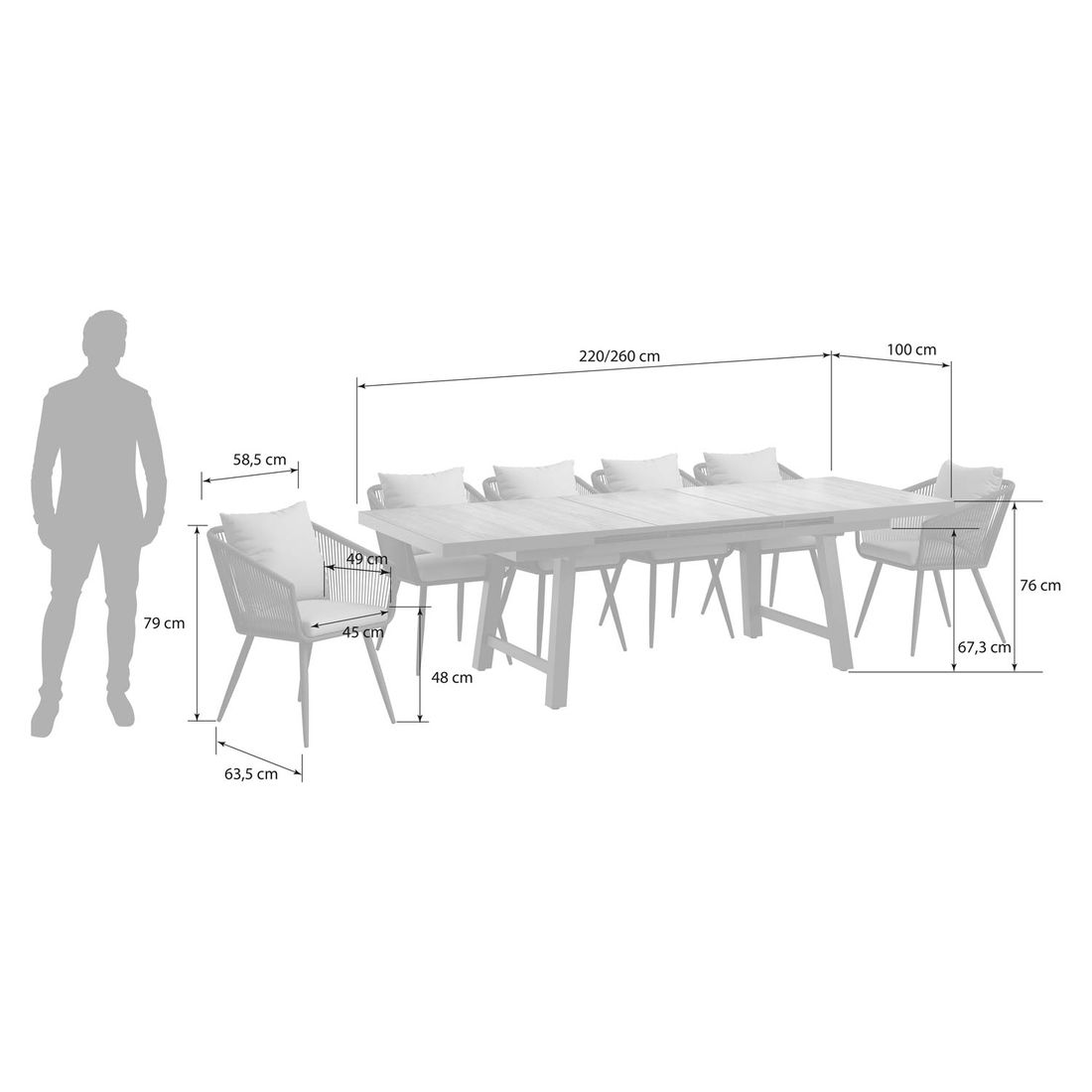 OUTLIV. Alex Gartenmöbel-Set 7-tlg. Tisch 200/260x100cm Vierfuß