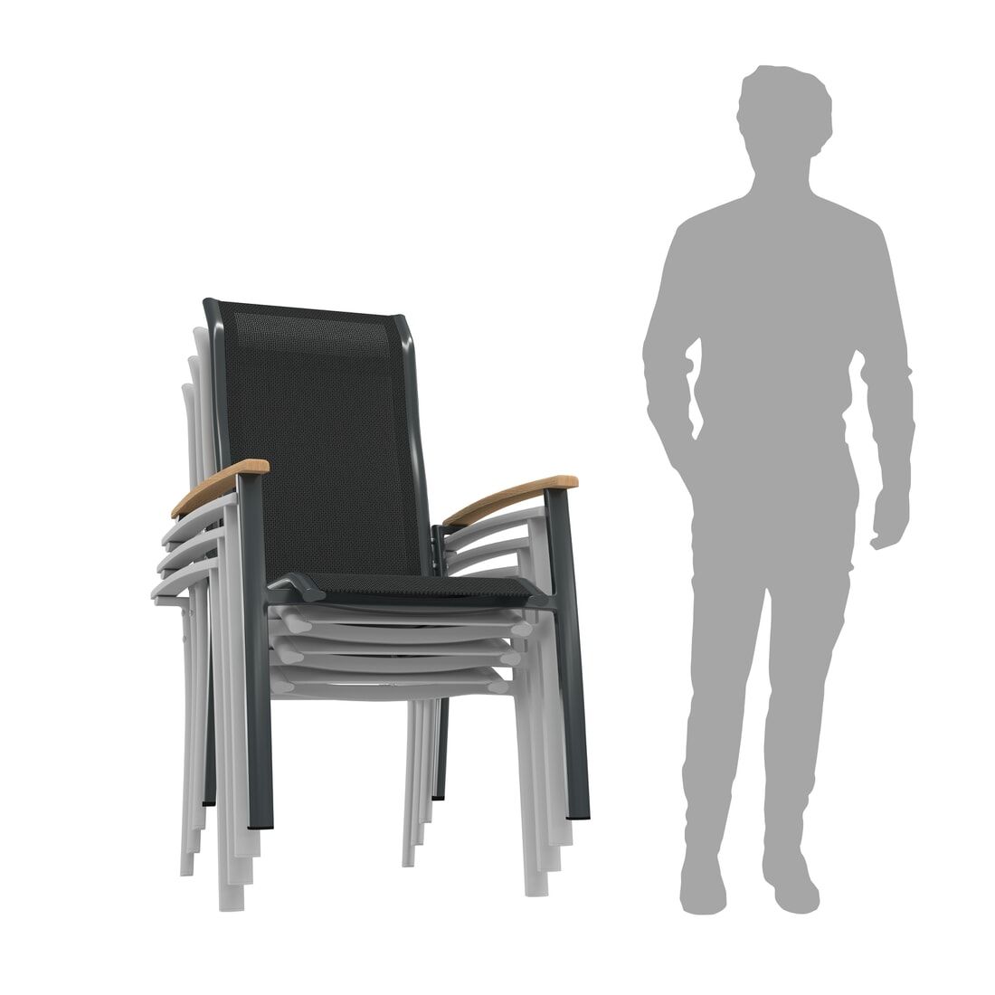 OUTLIV. Alpha Stapelsessel Aluminium/Textilene Teakarmlehnen